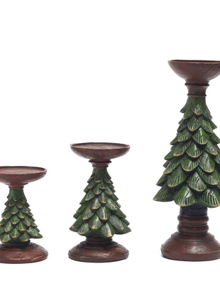 Weihnachtsbaum-Kerzenhalter-Set aus drei Kerzenhaltern, grünem Tannenbaum-Design auf brauner Basis