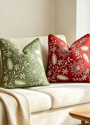 Green and brown square botanical embroidered pillow covers