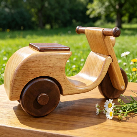 Retro-Motorrad aus Holz auf Sockel, sichtbare Maserung und dunkle Räder
