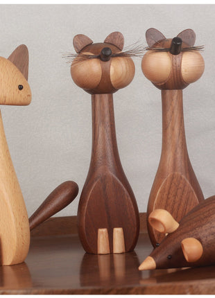 Holzfiguren-Set Katze und Maus aus Massivholz: Katze, Maus und zwei stehende Katzen
