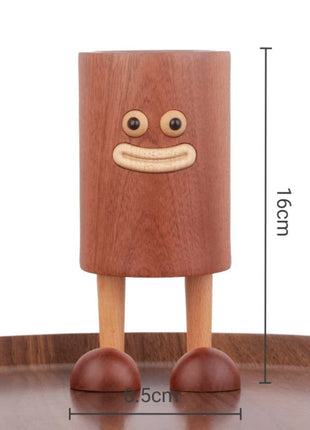 Stifthalter aus Sapeli-Holz, Höhe 16 cm, mit lustigem Gesicht und zwei Holzfüßen