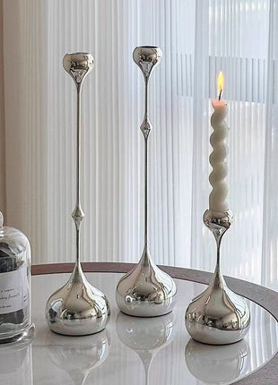 Tropfen-Kerzenhalter-Set aus Metall, silberfarben, mit Kerze