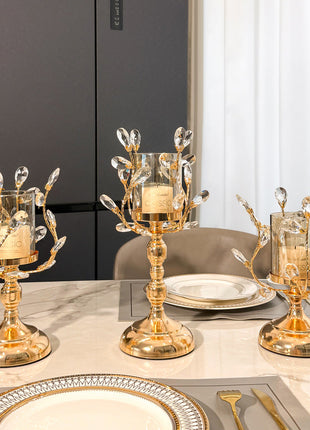 Drei goldene Glas-Kerzenhalter mit gläsernen Schmuckzweigen, abgestufte Größen