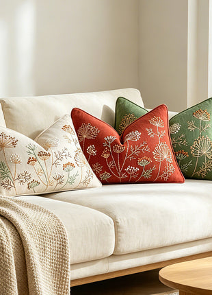 Botanical chenille pillow covers in square and lumbar styles