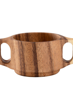 Akazienholz-Tasse mit Doppelgriffen, runde Schale ohne Inhalt