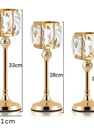 Kristall-Kerzenhalter in drei Höhen: 23, 28 und 33 cm, goldener Sockel