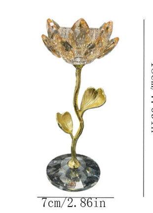 Kerzenhalter mit champagnerfarbener Lotus-Kristallschale, goldfarbenen Blättern und facettiertem Sockel