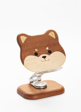 Shiba-Handyhalter aus Massivholz mit Metallfuß und Hundekopf-Motiv, braun