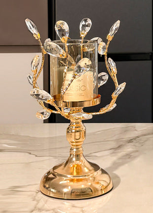 Großer goldener Glas-Kerzenhalter mit Kristallornamenten, gläserner Kerzenhülse und Standfuß