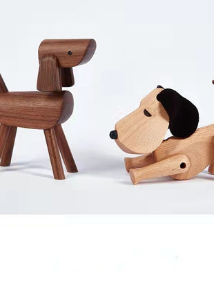 Holzfigur Hund aus Holz, sitzend und liegend, mit schwarzen Ohren und Schwanz, Deko