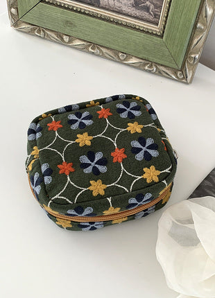 Olive green mini zipper pouch with flower embroidery