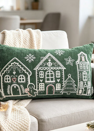 Deep green lumbar chenille pillow with Christmas houses and trees