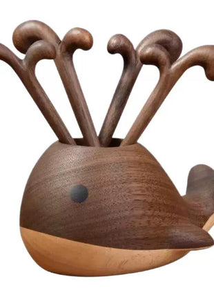 Wal-Obstgabel aus Walnussholz: walförmiger Holzhalter mit seitlichen Flossen und Gabeln