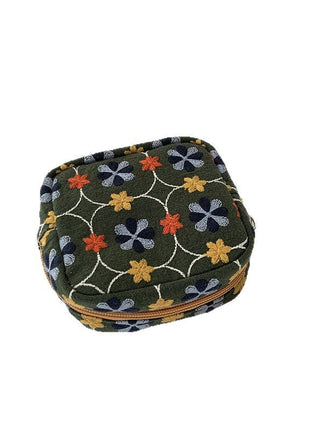 Olive green mini floral embroidered zipper pouch on a white background