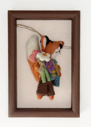 Wool felt flower fox charm with a hanging cord