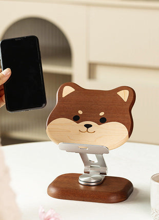 Shiba-Handyhalter aus Holz mit Metallfuß, Smartphone im Halter, braun