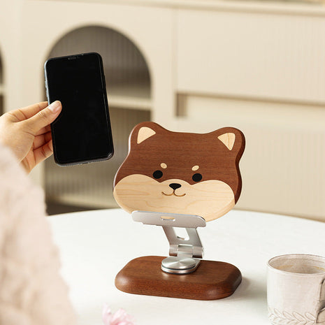 Shiba-Handyhalter aus Holz mit Metallfuß, Smartphone im Halter, braun