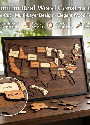 Holz-USA-Kartenpuzzle im Rahmen auf Ständer, Bundesstaat-Teile und Detailausschnitt