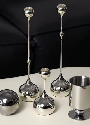 Tropfen-Kerzenhalter aus Metall, silberfarben, zusammen mit Zubehör