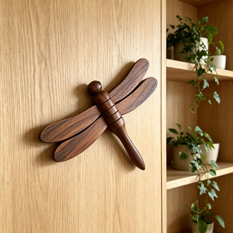 Holz-Libelle als Magnetanhänger mit vier Flügeln aus dunklem Holz, an Holzfläche