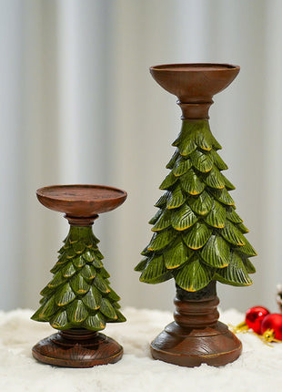 Set Weihnachtsbaum-Kerzenhalter: zwei grüne Tannenbaumhalter mit brauner Standfläche