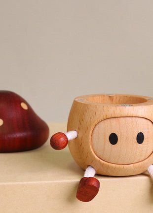 Holz-Aufbewahrungsbox in Pilzform mit abnehmbarem Hut und Smiley-Gesicht