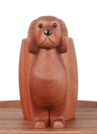 Brauner Hund-Stifthalter aus Massivholz mit Standfläche für Stifte