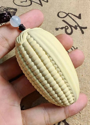 Korn-Anhänger aus Naturholz, hellgelb gerippt, Perlenband mit schwarzen und farbigen Perlen