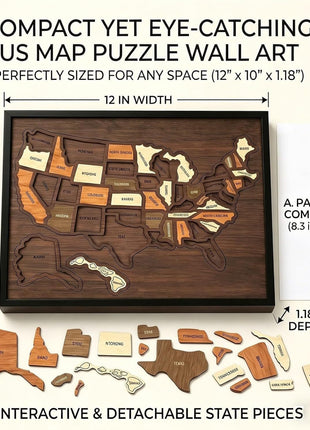 USA-Kartenpuzzle aus Holz mit abnehmbaren Bundesstaat-Teilen, flaches Rahmen-Design