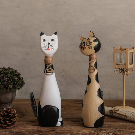 Handbemaltes Katzen-Duo aus Holz | 28cm Große Deko-Skulpturen | Gopure Studio Gopure Studio