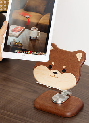 Shiba-Ständer aus Holz mit Metallfuß, Tablet im Halter, braun