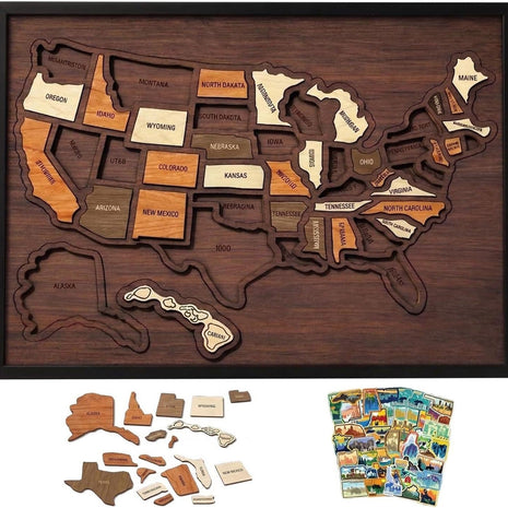 Holz-Wandpuzzle mit USA-Karte und herausnehmbaren Bundesstaat-Teilen im Rahmen