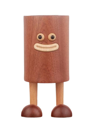 Stifthalter aus Sapeli-Holz mit lustigem Gesicht, Zylinderform und zwei Holzbeinen