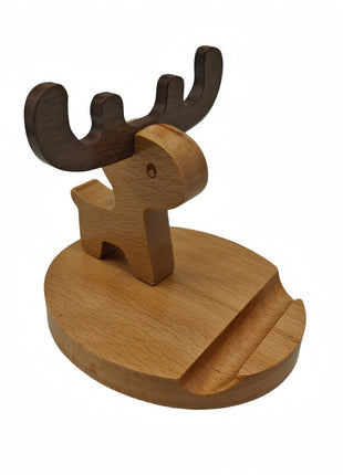 Handyhalter aus Massivholz mit Hirsch-Form auf rundem Sockel