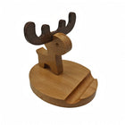 Handyhalter aus Massivholz mit Hirsch-Form auf rundem Sockel