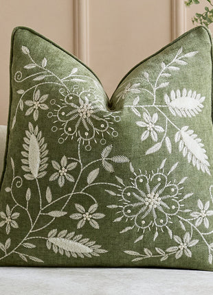 Green square chenille pillow cover with botanical embroidery
