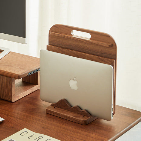 Höhenverstellbarer Laptop-Ständer aus Holz mit Quergriff und Auflage für Notebook