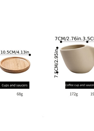 Set aus Kaffeetasse mit Holzuntersetzer, Ansicht mit Größenangaben