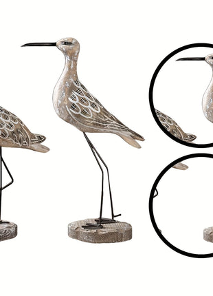 Zwei Möwen-Dekofiguren aus Holz mit Federornament, Metallbeinen und Holzsockel