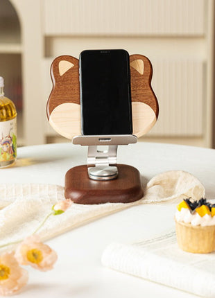 Shiba-Handyhalter aus Holz mit Metallfuß, Smartphone im Stand, braun