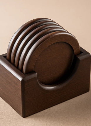 Runde Holz-Untersetzer im Halter (6er-Set), braune Stapelauflage, seitliche Ansicht