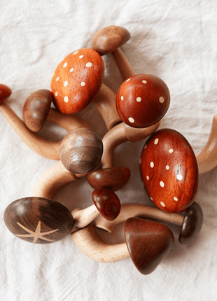 Holz-Pilz-Kühlschrankmagnet-Set mit vielen Pilzen: rote, orange und braune Hüte mit Punkten