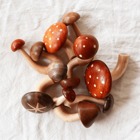 Holz-Pilz-Kühlschrankmagnet-Set mit vielen Pilzen: rote, orange und braune Hüte mit Punkten