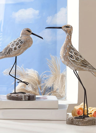 Set aus 2 Deko-Möwenfiguren aus Holz mit Metallbeinen und rundem Sockel, grau-beige