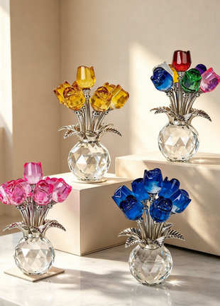 Crystal Glass Rose Bouquet - Handcrafted High-Temperature Art Decor for Home, Office & Gift (Multiple Colors) Lignovancia