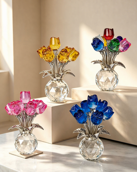 Crystal Glass Rose Bouquet - Handcrafted High-Temperature Art Decor for Home, Office & Gift (Multiple Colors) Lignovancia