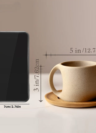 Kaffeetasse aus Keramik mit Akazienholz-Tablett, beiger Farbton