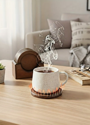 Rundes Holz-Untersetzer-Set (6er) mit Halter, gestapelte braune Untersetzer neben Tasse