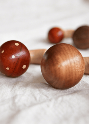 Set aus Holz-Pilz-Kühlschrankmagneten: rote und braune Hüte mit weißen Punkten, Holzstiele