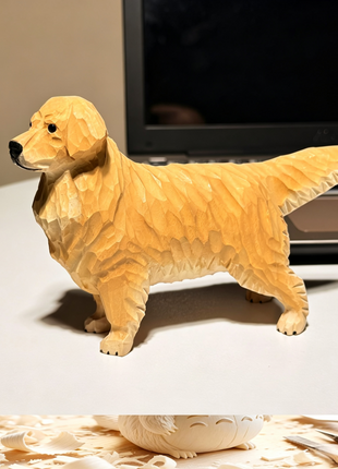 Handgeschnitzte Golden-Retriever-Holzfigur im Profil, geschnitzte Fellstruktur